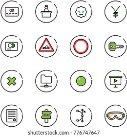 line vector icon set - credit card vector, recieptionist, virus, yen, car crash road sign, prohibition, key, delete cross, network folder, record, presentation board, agreement, signpost, bezier