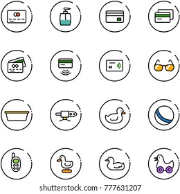 line vector icon set - credit card vector, liquid soap, tap pay, sunglasses, basin, pipe welding, duck toy, ball, phone