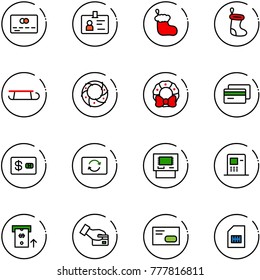line vector icon set - credit card vector, identity, christmas sock, sleigh, wreath, exchange, atm, pay, envelope, sim