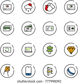 line vector icon set - credit card vector, snowfall, gloves, tap pay, exchange, statistics monitor, signpost, diamond, kite, mobile phone, clamp, ball