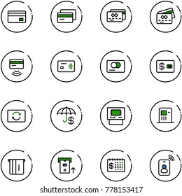 line vector icon set - credit card vector, tap pay, exchange, insurance, atm, finance calendar, identity
