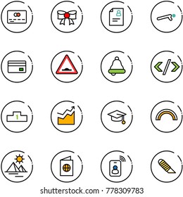 line vector icon set - credit card vector, bow, patient, push ups, artificial unevenness road sign, bell, tag code, pedestal, growth, graduate hat, rainbow, pyramid, passport, identity, work knife