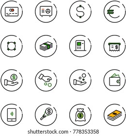 line vector icon set - credit card vector, safe, dollar sign, euro, currency, atm, receipt, investment, cash pay, wallet, mobile payment, money torch, bag
