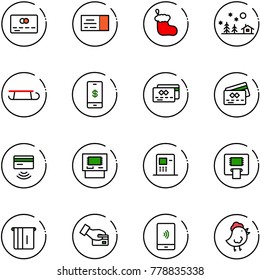 line vector icon set - credit card vector, ticket, christmas sock, landscape, sleigh, mobile payment, tap pay, atm, chicken toy
