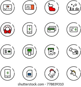 line vector icon set - credit card vector, ticket, christmas sock, landscape, wreath, mobile payment, tap pay, atm, sim, chicken toy, unicorn stick