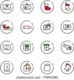 line vector icon set - credit card vector, identity, christmas sock, sleigh, exchange, atm, pay, mobile payment, finance management, micro flash, chicken toy