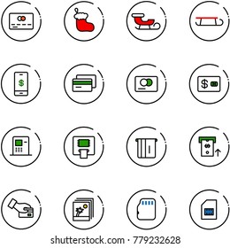 line vector icon set - credit card vector, christmas sock, sleigh, mobile payment, atm, pay, photo, micro flash, sim