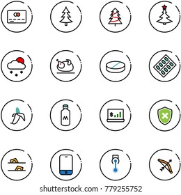 line vector icon set - credit card vector, christmas tree, snowfall, turkey, pill, pills blister, banana, milk, account statistics, shield cross, flip flops, mobile phone, laser, bow