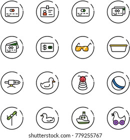 line vector icon set - credit card vector, identity, sunglasses, basin, pipe welding, duck toy, pyramid, ball, windmill, boat