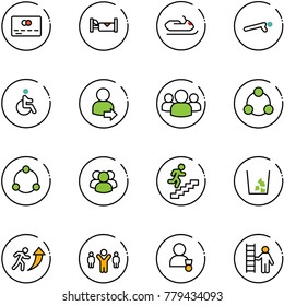 line vector icon set - credit card vector, hotel, snowmobile, push ups, disabled, user login, group, social, community, career, garbage, team leader, winner, opportunity