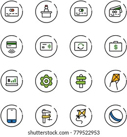 line vector icon set - credit card vector, recieptionist, tap pay, exchange, money case, account statistics, gear, signpost, kite, mobile phone, clamp, ball