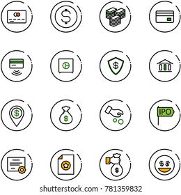 line vector icon set - credit card vector, dollar coin, big cash, tap pay, safe, bank, pin, money bag, investment, ipo, certificate, rich, smile