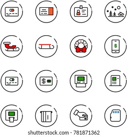 line vector icon set - credit card vector, ticket, identity, christmas landscape, sleigh, wreath, mobile payment, atm, pay, micro flash