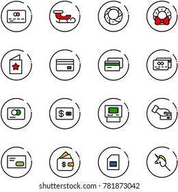 line vector icon set - credit card vector, sleigh, christmas wreath, star postcard, atm, pay, envelope, finance management, sim, toy unicorn stick
