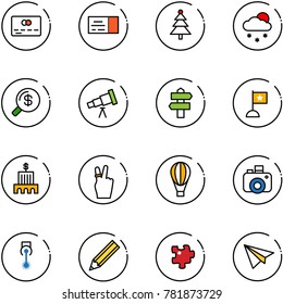line vector icon set - credit card vector, ticket, christmas tree, snowfall, money search, telescope, signpost, flag, bank building, victory, air balloon, camera, laser, pencil, puzzle, paper plane