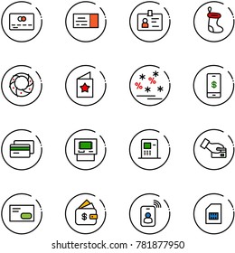 line vector icon set - credit card vector, ticket, identity, christmas sock, wreath, star postcard, sale, mobile payment, atm, pay, envelope, finance management, sim