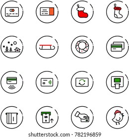 line vector icon set - credit card vector, ticket, christmas sock, landscape, sleigh, wreath, tap pay, exchange, atm, chicken toy
