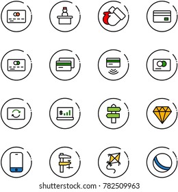 line vector icon set - credit card vector, recieptionist, gloves, tap pay, exchange, account statistics, signpost, diamond, mobile phone, clamp, kite, ball