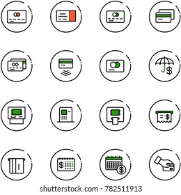 line vector icon set - credit card vector, ticket, tap pay, insurance, atm, receipt, finance calendar
