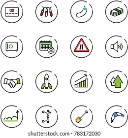 line vector icon set - credit card vector, garland, eggplant, dollar, safe, calendar, Road narrows sign, volume medium, agreement, rocket, growth, arrow up, bezier, shovel, boomerang