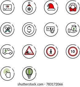 line vector icon set - credit card vector, christmas ball, hat, wreath, fork spoon plate, dollar coin, cash, investment, encashment car, gravel road sign, no pedestrian, speed limit 10, hand cursor