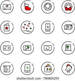 line vector icon set - credit card vector, christmas sock, wreath, star postcard, sale, mobile payment, tap pay, exchange, atm, finance management, chicken toy