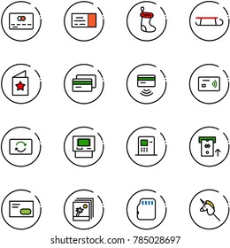 line vector icon set - credit card vector, ticket, christmas sock, sleigh, star postcard, tap pay, exchange, atm, envelope, photo, micro flash, toy unicorn stick