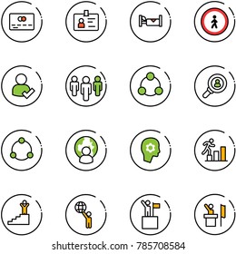 line vector icon set - credit card vector, identity, hotel, no pedestrian road sign, user check, group, social, head hunter, community, man globe, brain work, career, success, world, win, speaker
