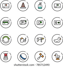 line vector icon set - credit card vector, road cone, liquid soap, refresh, bucket scoop, drill machine, duck toy, pyramid, ball, hammer