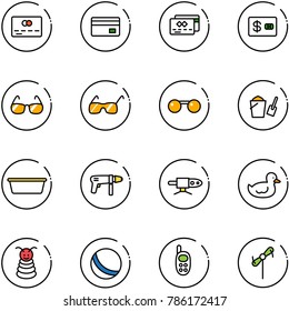 line vector icon set - credit card vector, sunglasses, bucket scoop, basin, drill machine, pipe welding, duck toy, pyramid, ball, phone, windmill