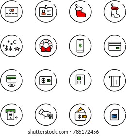 line vector icon set - credit card vector, identity, christmas sock, landscape, wreath, mobile payment, tap pay, atm, finance management, sim