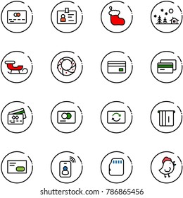 line vector icon set - credit card vector, identity, christmas sock, landscape, sleigh, wreath, exchange, atm, envelope, micro flash, chicken toy