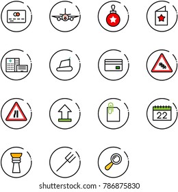 line vector icon set - credit card vector, plane, christmas ball, star postcard, hospital building, treadmill, multi lane traffic road sign, narrows, uplooad, attachment, calendar, award, farm fork