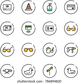 line vector icon set - credit card vector, road cone, liquid soap, tap pay, sunglasses, bucket scoop, drill machine, pipe welding, duck toy, windmill
