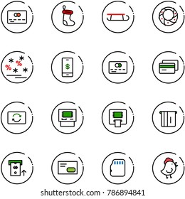 line vector icon set - credit card vector, christmas sock, sleigh, wreath, sale, mobile payment, exchange, atm, envelope, micro flash, chicken toy