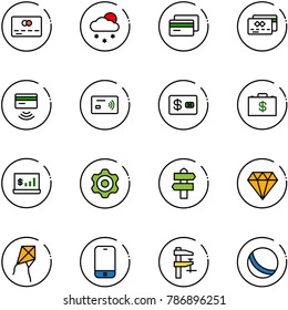 line vector icon set - credit card vector, snowfall, tap pay, money case, account statistics, gear, signpost, diamond, kite, mobile phone, clamp, ball