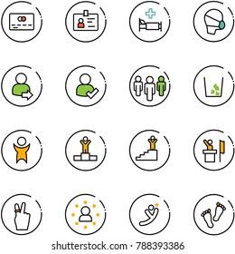line vector icon set - credit card vector, identity, hospital bed, medical mask, user login, check, group, garbage, success, winner, speaker, victory, star man, flying, feet
