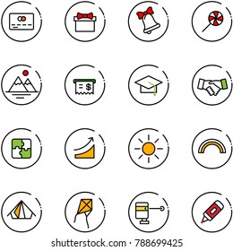 line vector icon set - credit card vector, gift, bell, lollipop, mountains, receipt, graduate hat, agreement, puzzle, rise, sun, rainbow, tent, kite, laser lever, marker