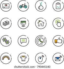 line vector icon set - credit card vector, bike, onion, pulse clipboard, dollar, tap pay, home, hand cursor, gear, chat, phone horn, finger up, rainbow, t shirt, mouse wireless, mail