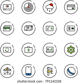 line vector icon set - credit card vector, radar, snowfall, tap pay, exchange, money case, account statistics, gear, outdoor cafe, mobile phone, clamp, ball