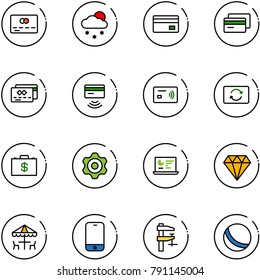 line vector icon set - credit card vector, snowfall, tap pay, exchange, money case, gear, statistics monitor, diamond, outdoor cafe, mobile phone, clamp, ball