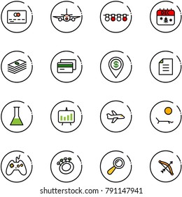 line vector icon set - credit card vector, plane, garland, christmas calendar, dollar, pin, document, flask, presentation chart, lounger, joystick, beanbag, bow