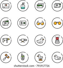 line vector icon set - credit card vector, liquid soap, sunglasses, drill machine, pipe welding, duck toy, pyramid, hammer, phone