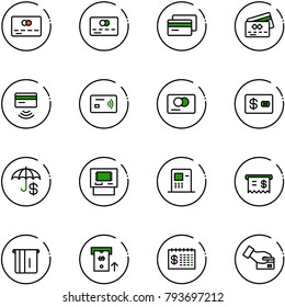 line vector icon set - credit card vector, tap pay, insurance, atm, receipt, finance calendar