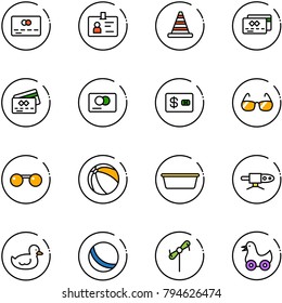 line vector icon set - credit card vector, identity, road cone, sunglasses, ball, basin, pipe welding, duck toy, windmill