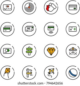 line vector icon set - credit card vector, radar, gloves, tap pay, signpost, diamond, outdoor cafe, kite, clamp, ball