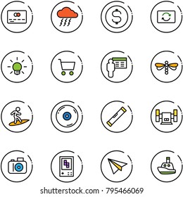 line vector icon set - credit card vector, storm, dollar coin, exchange, bulb, cart, presentation, dragonfly, surfing, cd, level, sharpening, camera, game console, paper plane, toy boat