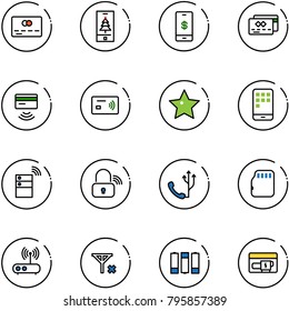 line vector icon set - credit card vector, christmas mobile, payment, tap pay, star, server wireless, lock, phone, micro flash, wi fi router, no signal, battery, generator