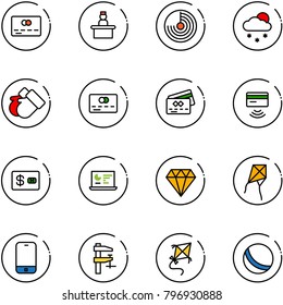 line vector icon set - credit card vector, recieptionist, radar, snowfall, gloves, tap pay, statistics monitor, diamond, kite, mobile phone, clamp, ball