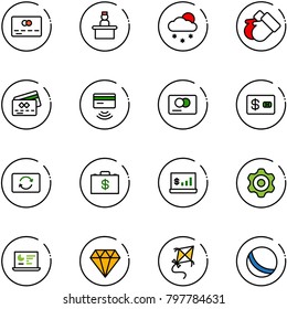 line vector icon set - credit card vector, recieptionist, snowfall, gloves, tap pay, exchange, money case, account statistics, gear, monitor, diamond, kite, ball